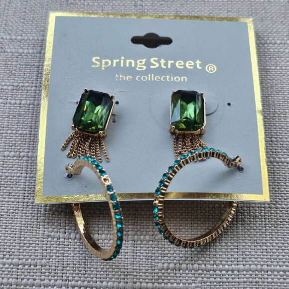 Spring Street Earrings Set of 2 Earrings Stud and Hoop Green Tone Jewelry - Picture 3 of 12